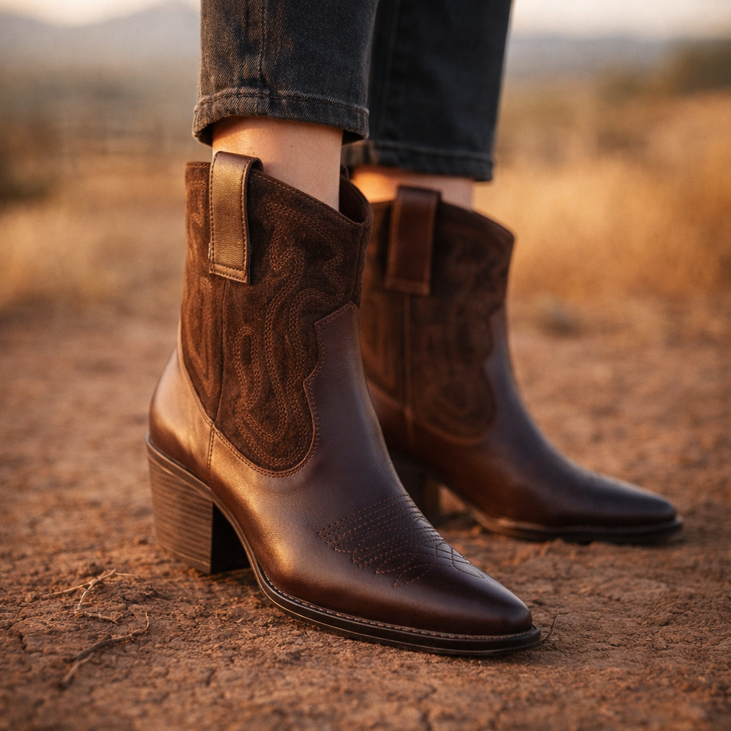 Western cowboy ankle boot in dark chocolate suede