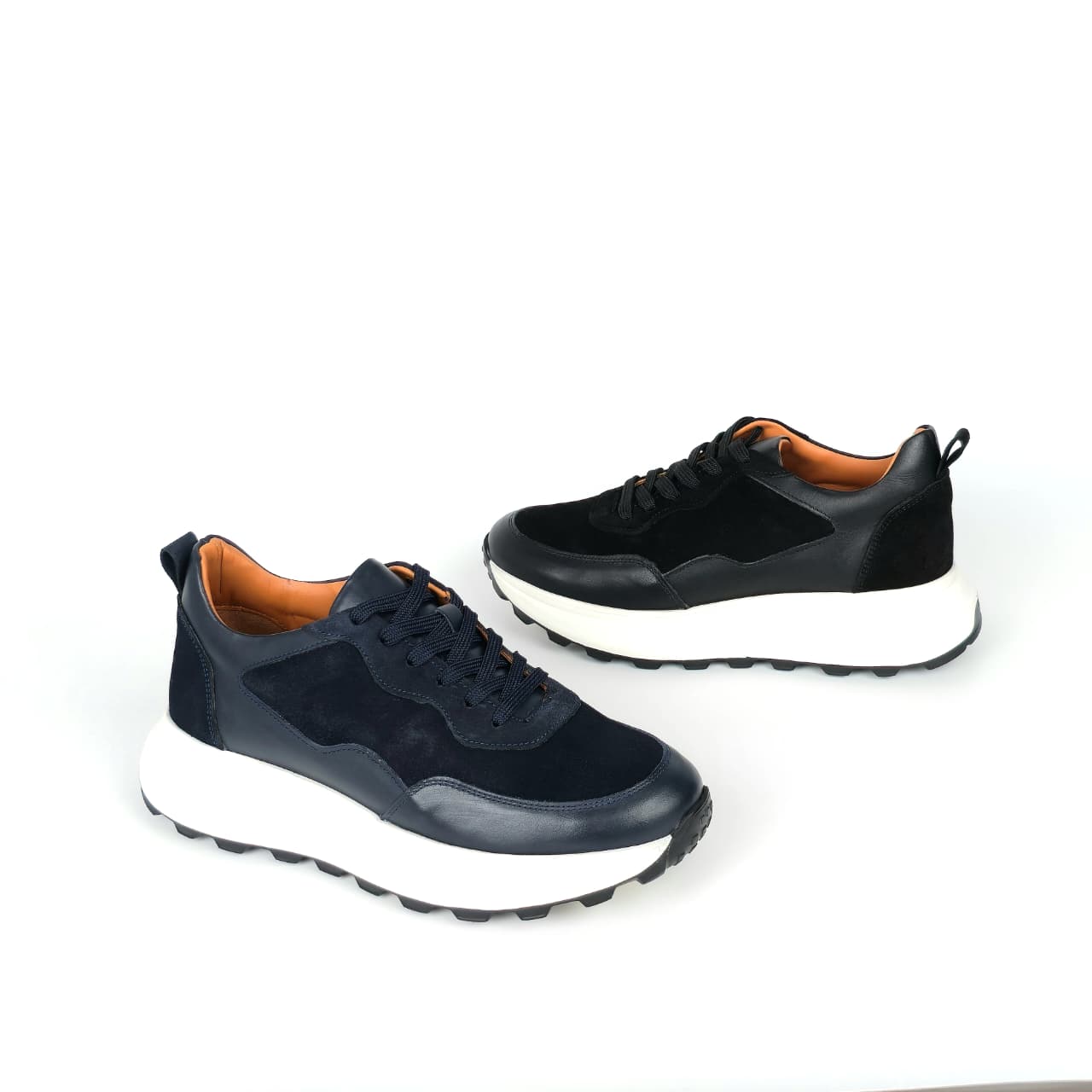 Arlo mixed leather casual lace-up shoes in black and midnight navy