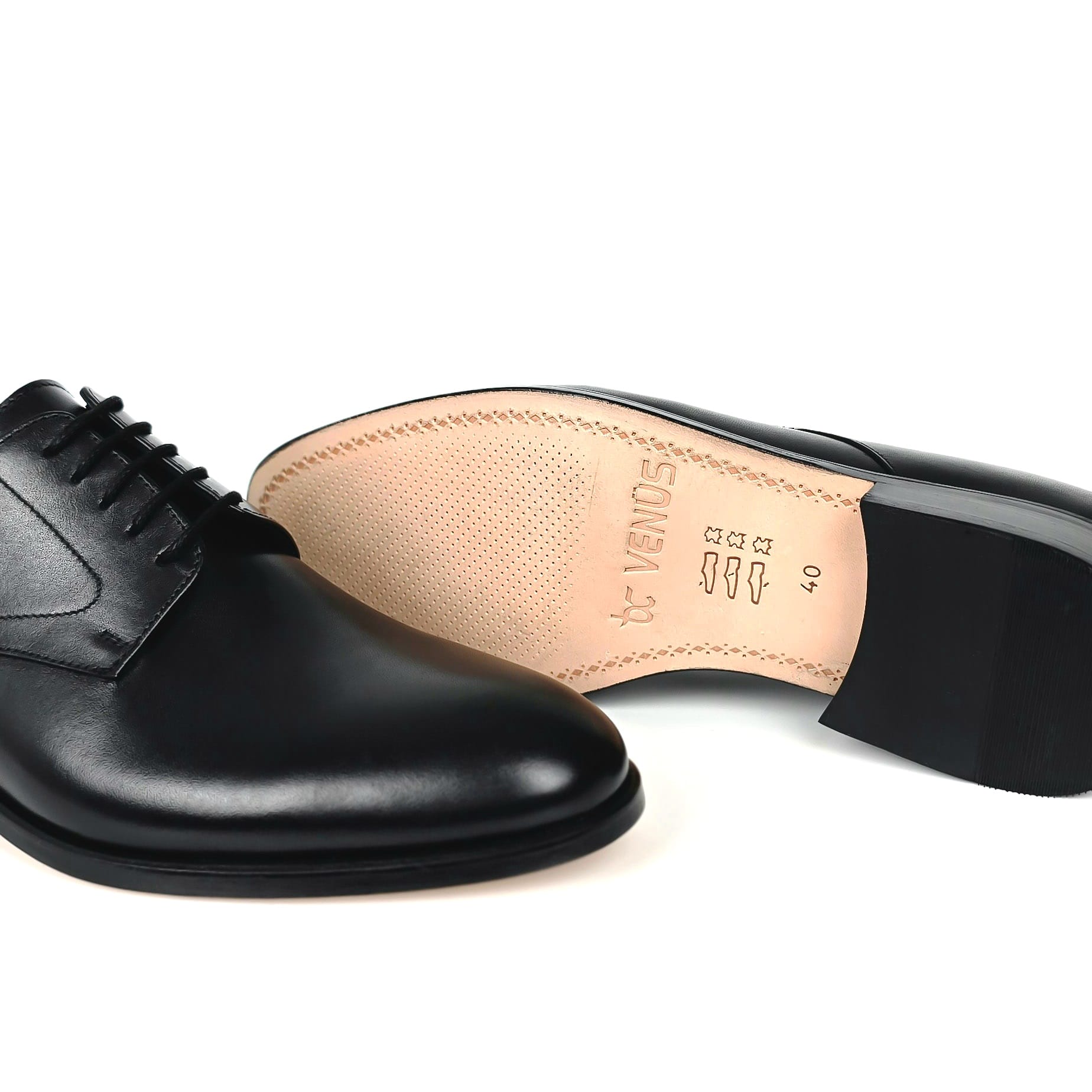 Classic black men's derby dress shoe leather sole detail