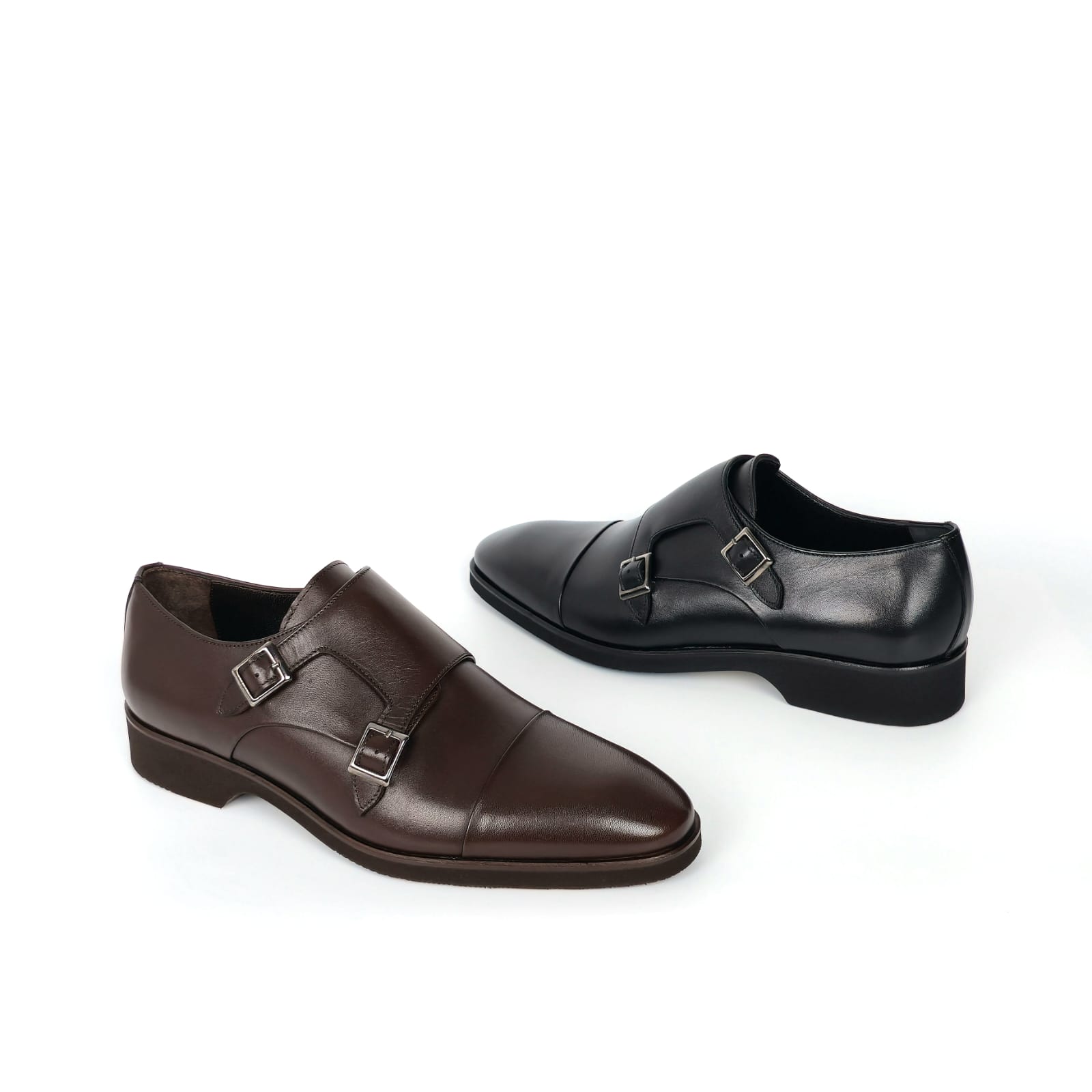 Enzo cap toe double monk strap dress shoes in black and dark chocolate brown