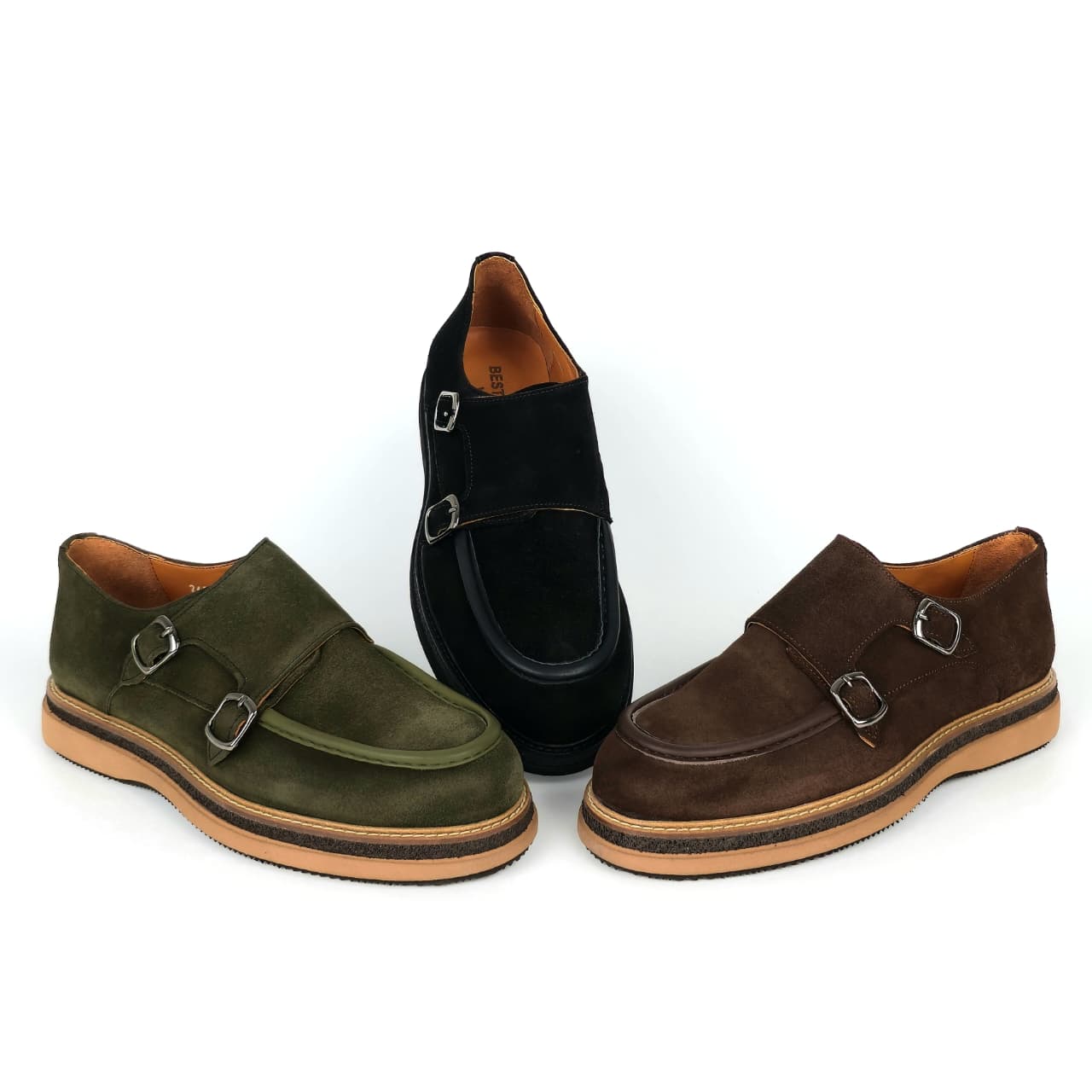 Marco double monk strap casual shoes in forest olive black and dark chocolate brown