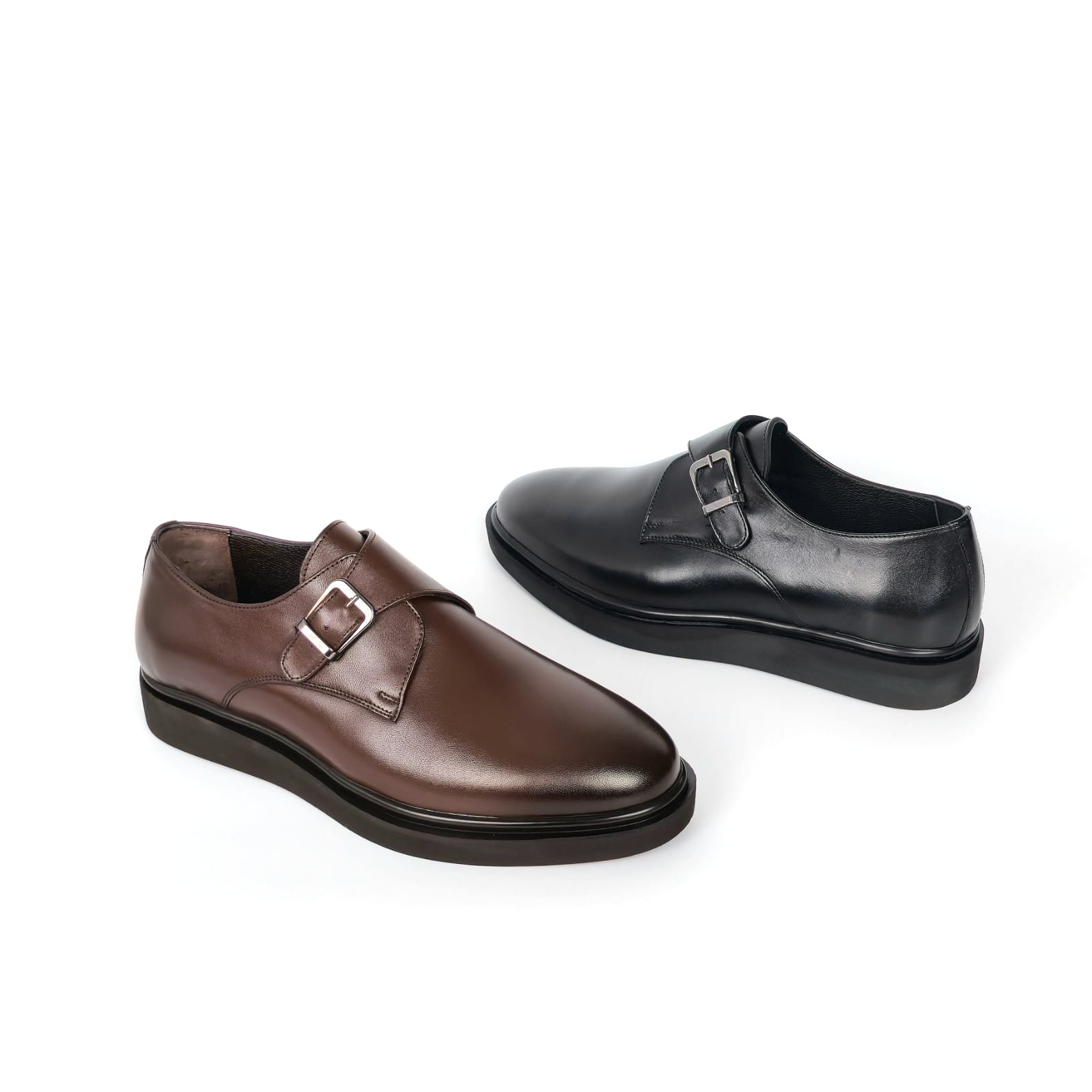 Matteo single monk strap dress shoes in classic black and dark chocolate brown