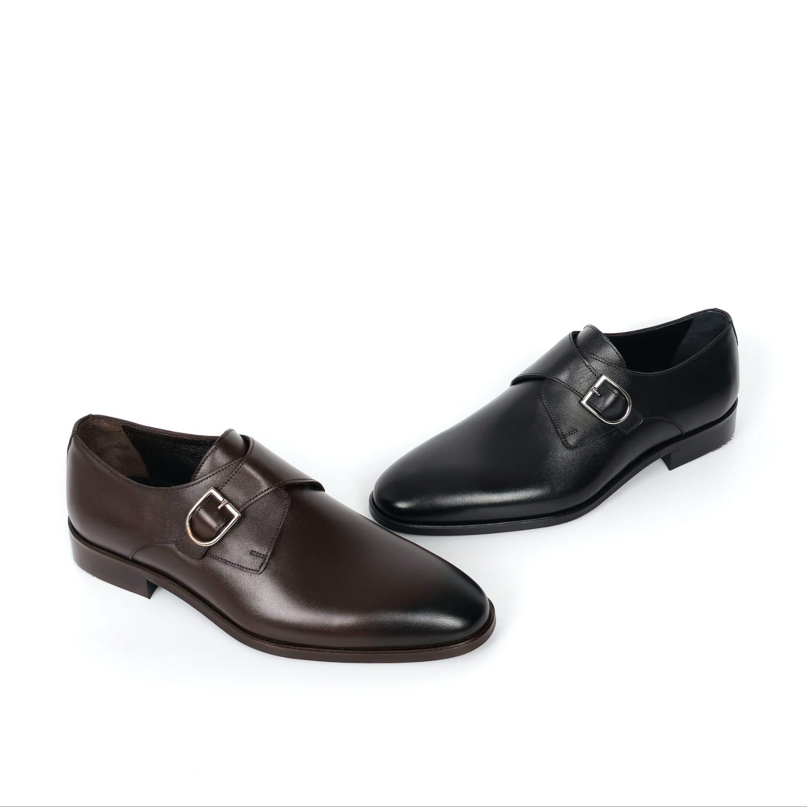 Roman single monk strap dress shoes in classic black and dark chocolate brown