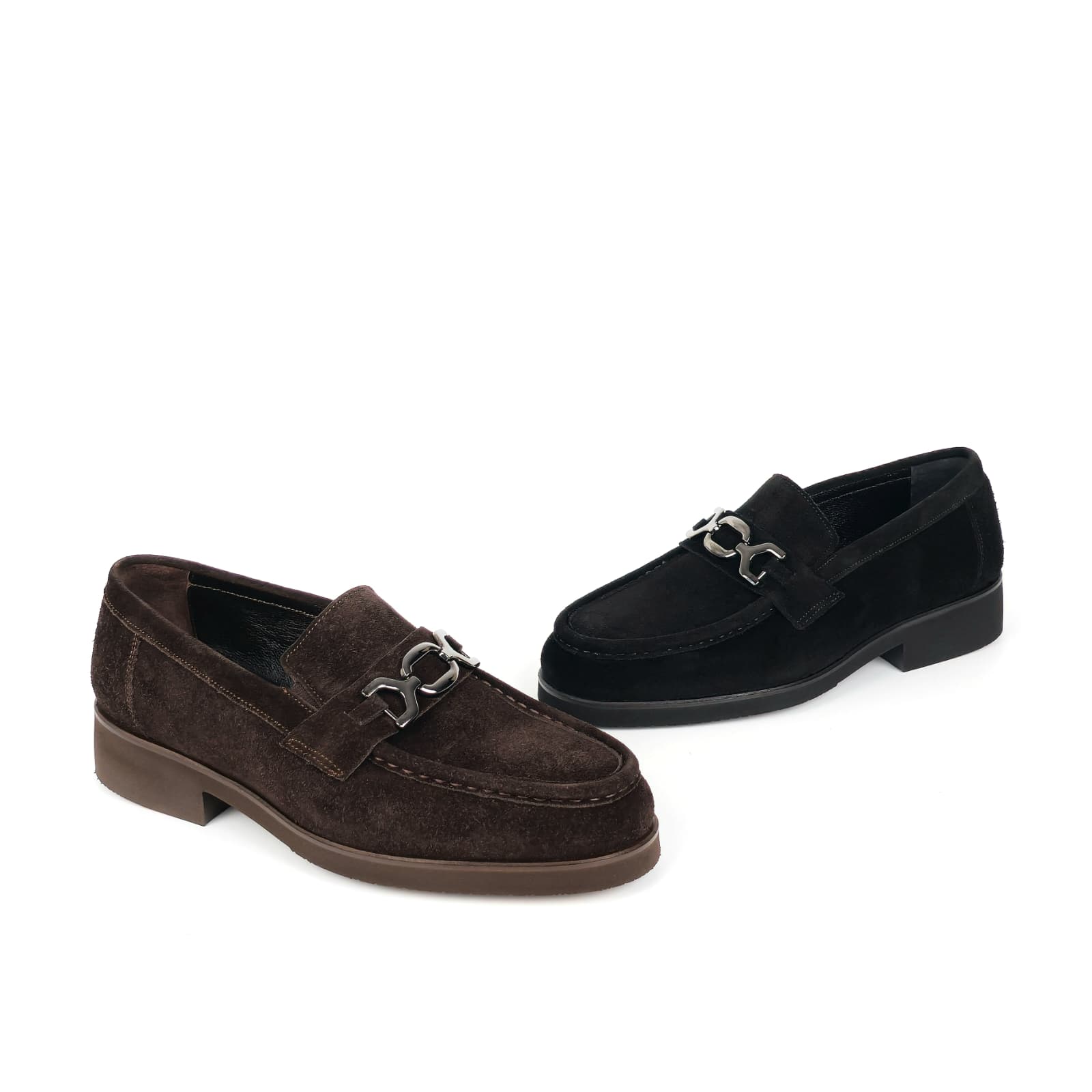 Bruno Horsebit Suede Loafer in Dark Chocolate Brown and Classic Black suede with silver horsebit detail