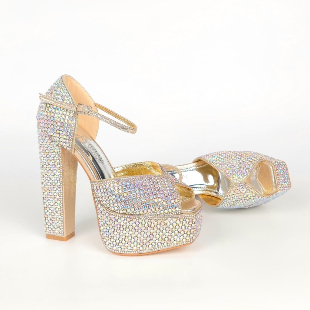 Evangeline Crystal Pave Bridal Platform Sandal · 15 cm — Champagne Gold