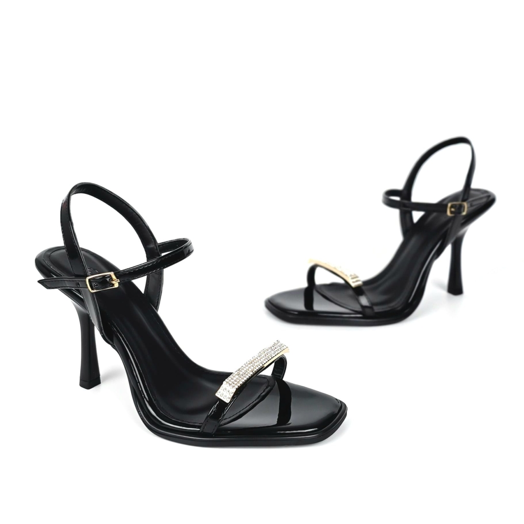 Étoile Rhinestone Strap Stiletto Sandal — Onyx Black