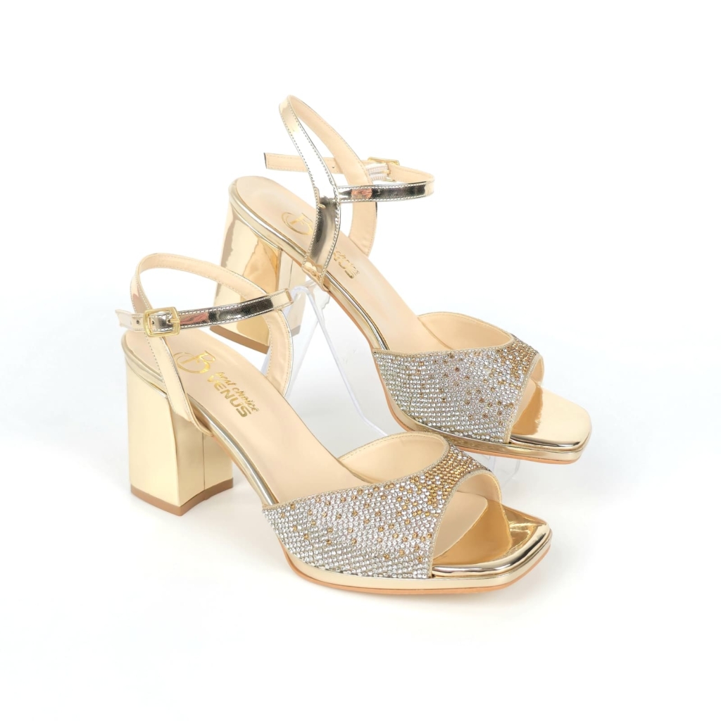 Lucenta Rhinestone Block Heel Sandal — Champagne Gold