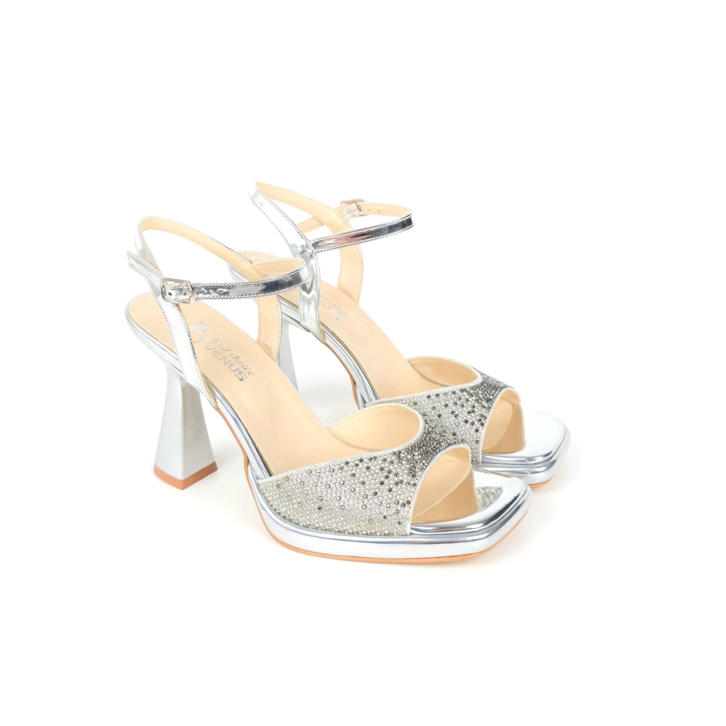 Stellaire Rhinestone Band Heel Sandal — Liquid Silver