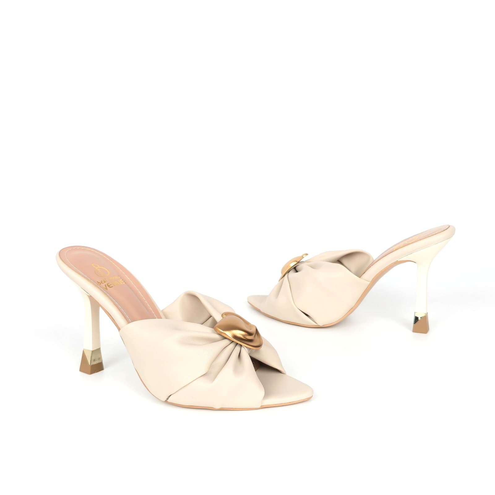 Satin Bow Heart Heeled Mule - Ivory Cream