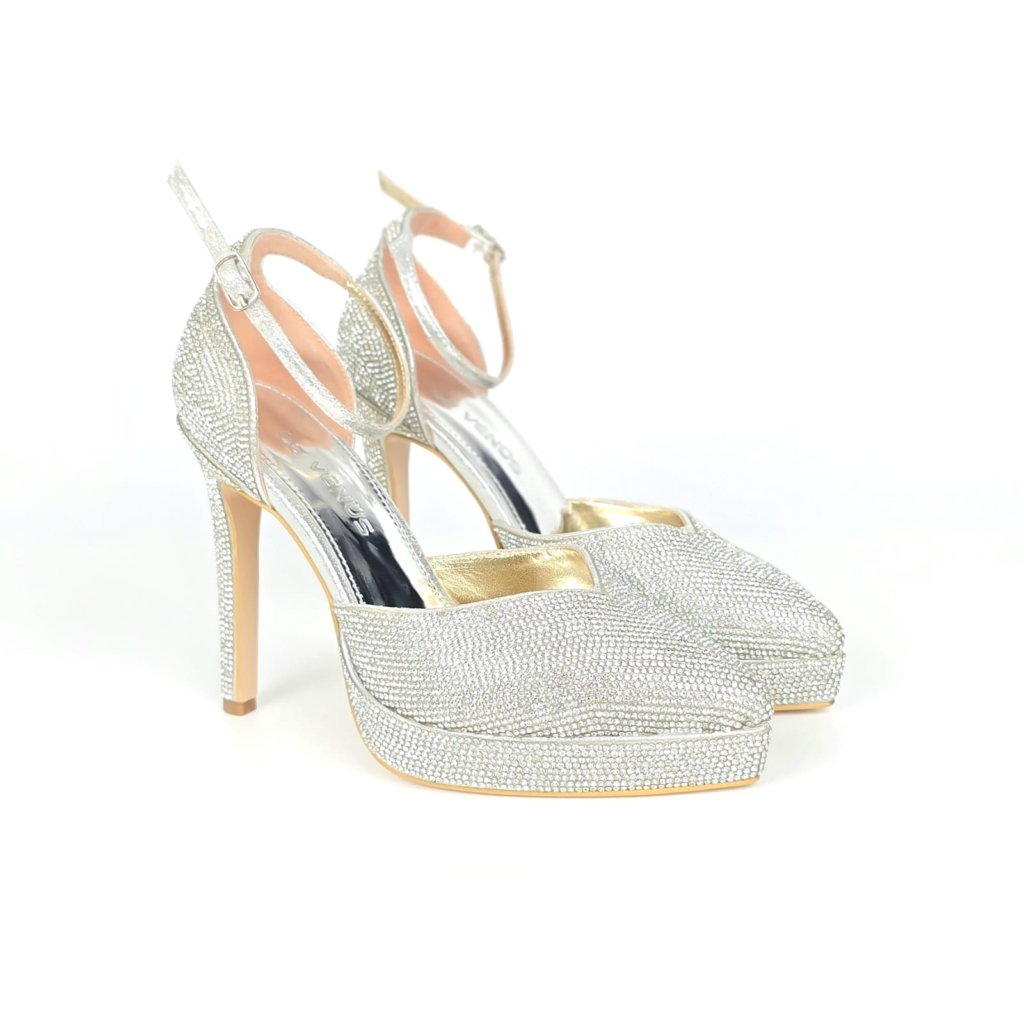 Celestia Crystal Slingback Bridal Platform Heel - Metallic Silver