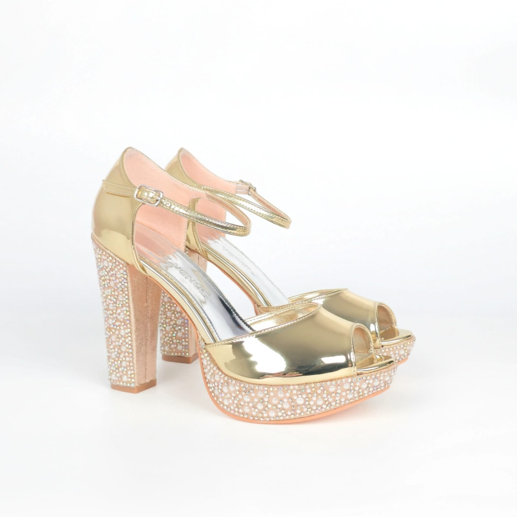 Livia Pearl Rhinestone Bridal Platform Sandal - Champagne Gold - 12-13 cm