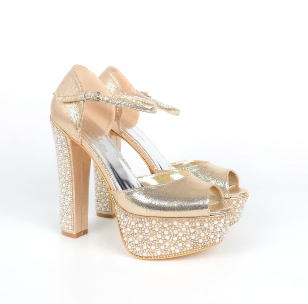Livia Pearl Rhinestone Bridal Platform Sandal - Champagne Gold - 15-16 cm