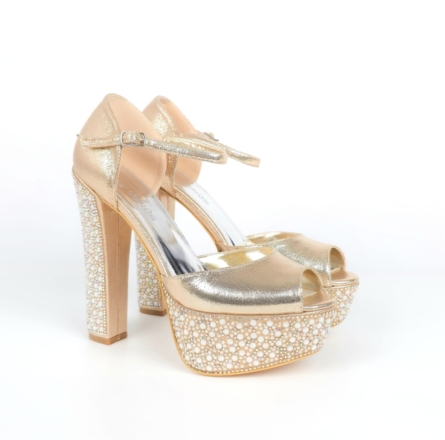 Livia Pearl Rhinestone Bridal Platform Sandal - Champagne Gold - 15-16 cm