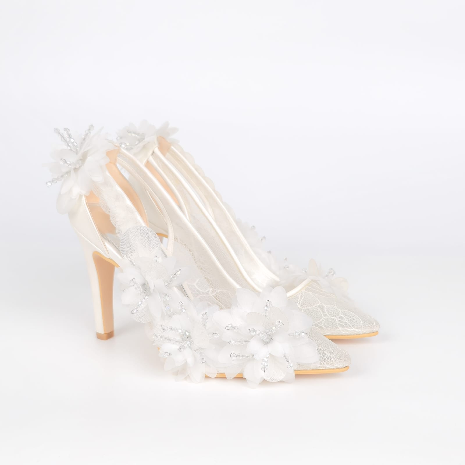 Flora Applique Pointed Bridal Heel - Ivory Cream - 10-11 cm