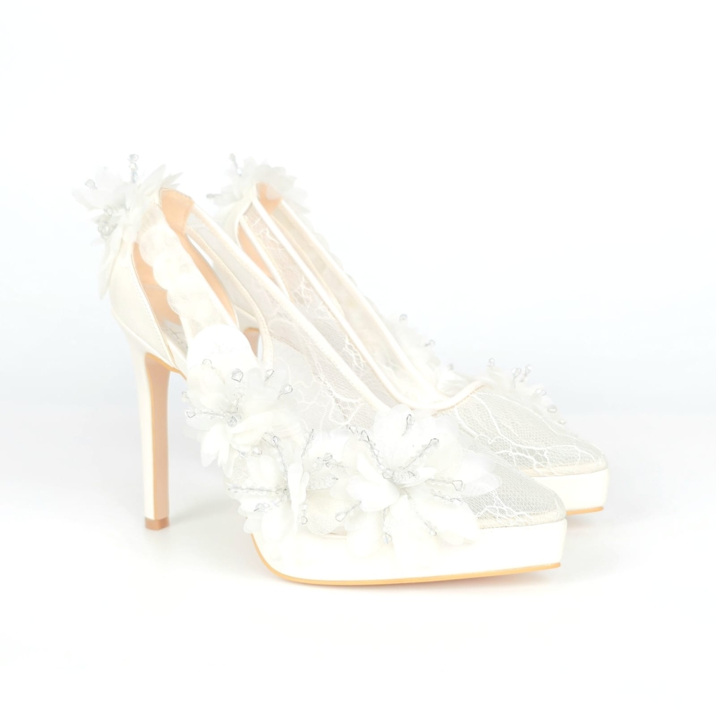 Flora Applique Pointed Bridal Heel - Ivory Cream - 12-13 cm