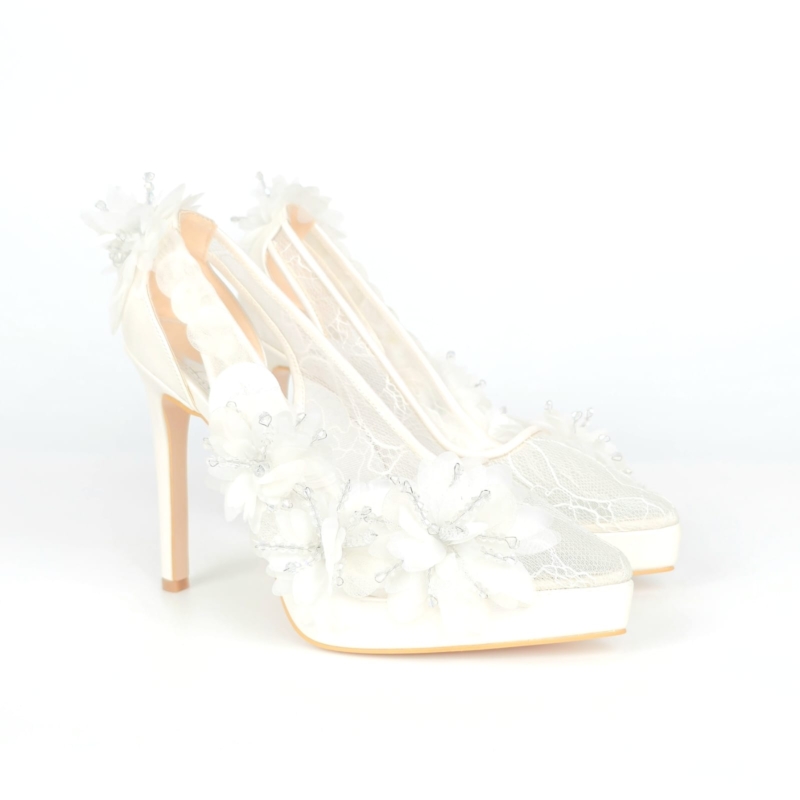 Flora Applique Pointed Bridal Heel - Ivory Cream - 12-13 cm