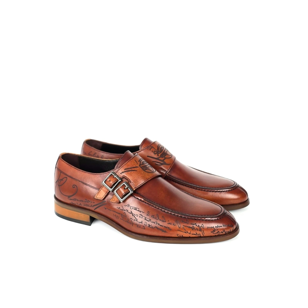 Dario Double Monk Strap Dress Shoe - Cognac Tan - Burnished Pattern