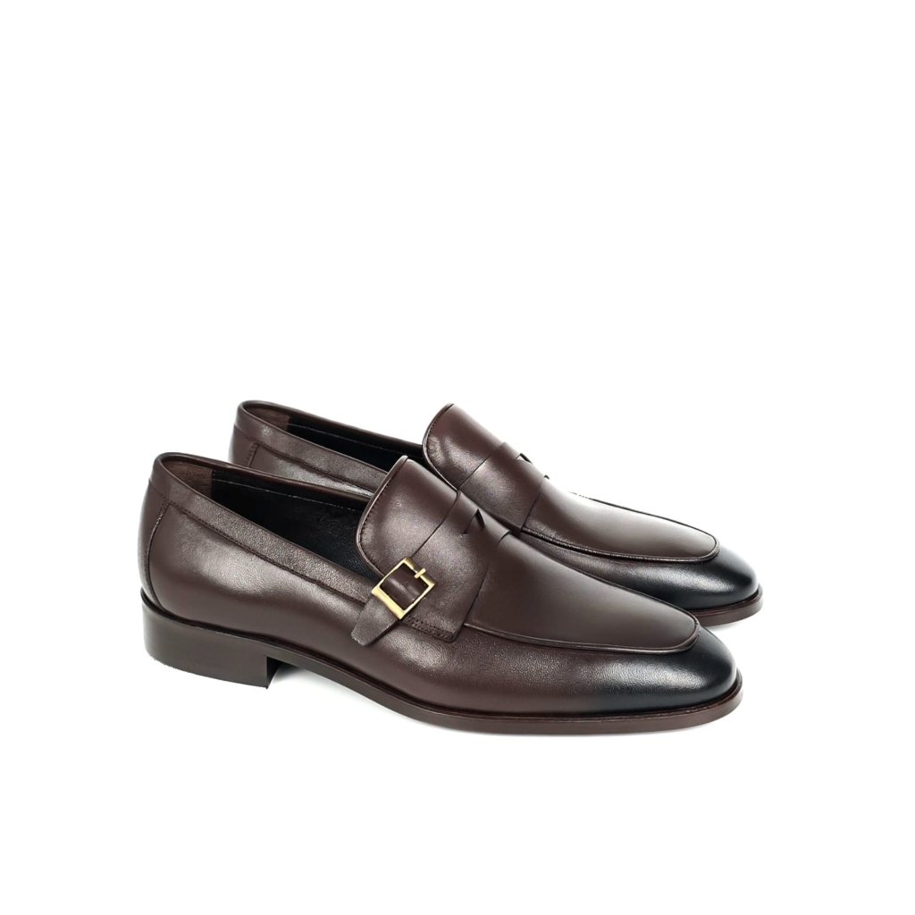 Enzo Side-Buckle Apron-Toe Loafer - Dark Chocolate Brown