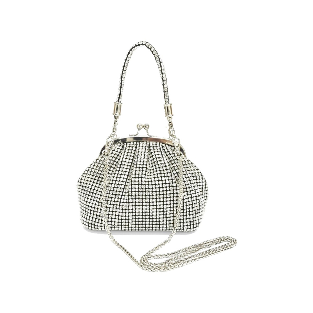Eloise Crystal Mesh Frame Bag - Metallic Silver