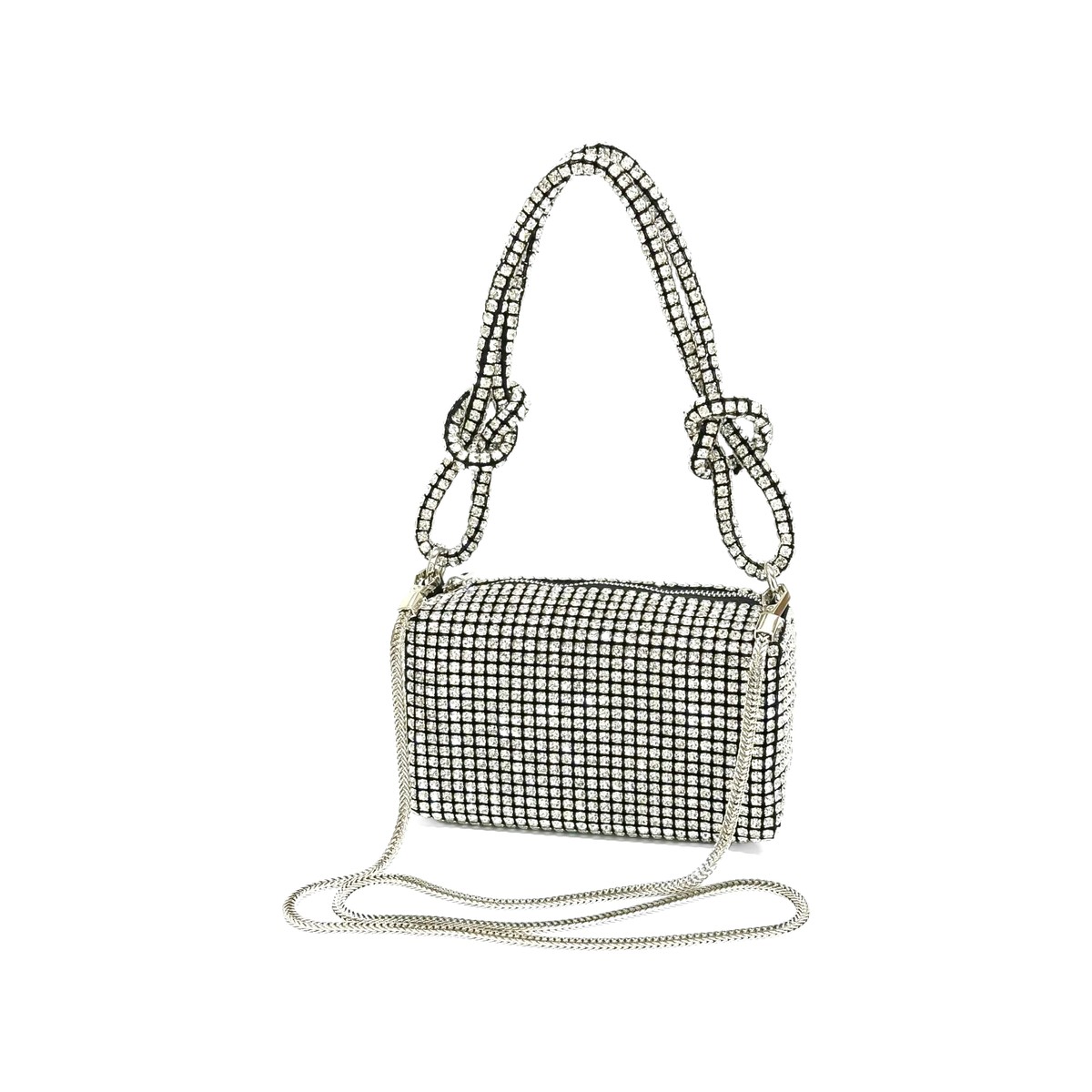 Noemi Crystal Knot-Handle Bag - Metallic Silver