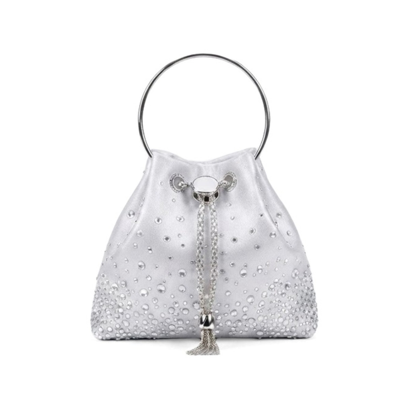 Serena Crystal Bucket Bag - Metallic Silver