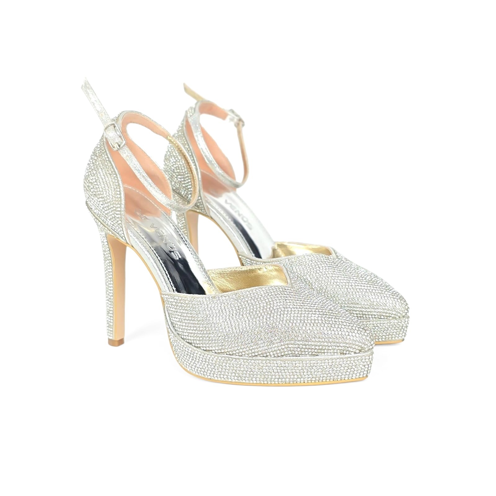 Celestia Crystal Slingback Bridal Platform Heel - Metallic Silver