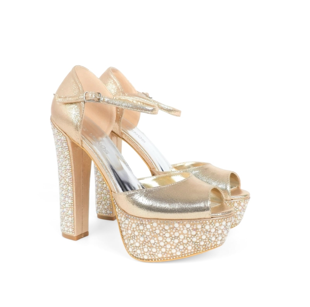 Livia Pearl Rhinestone Bridal Platform Sandal - Champagne Gold - 15-16 cm