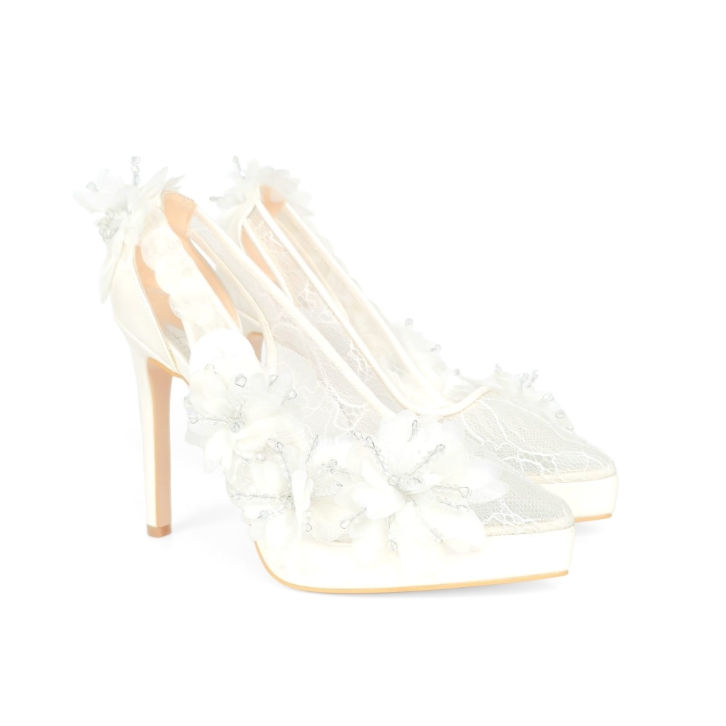 Flora Applique Pointed Bridal Heel - Ivory Cream - 12-13 cm