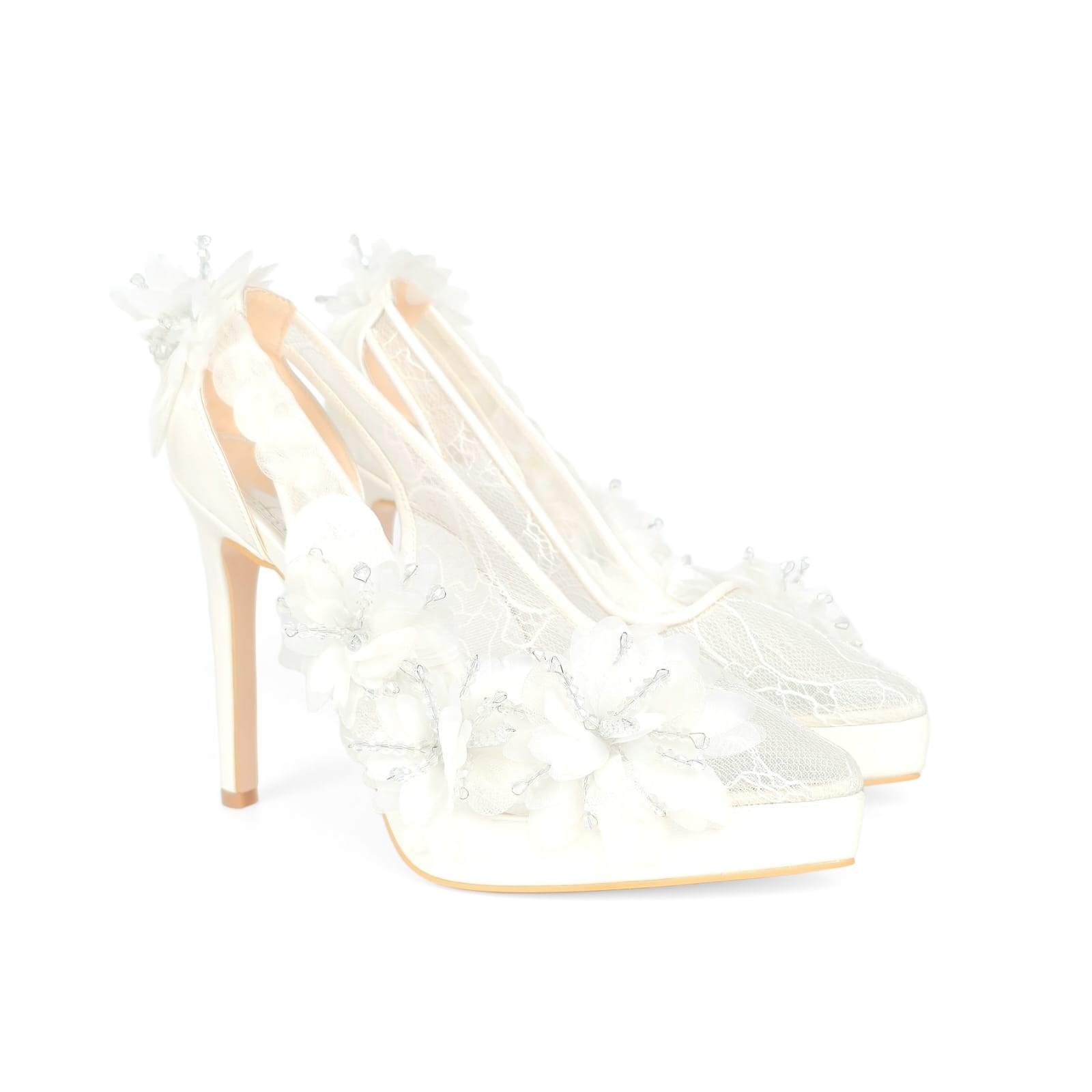 Flora Applique Pointed Bridal Heel - Ivory Cream - 12-13 cm
