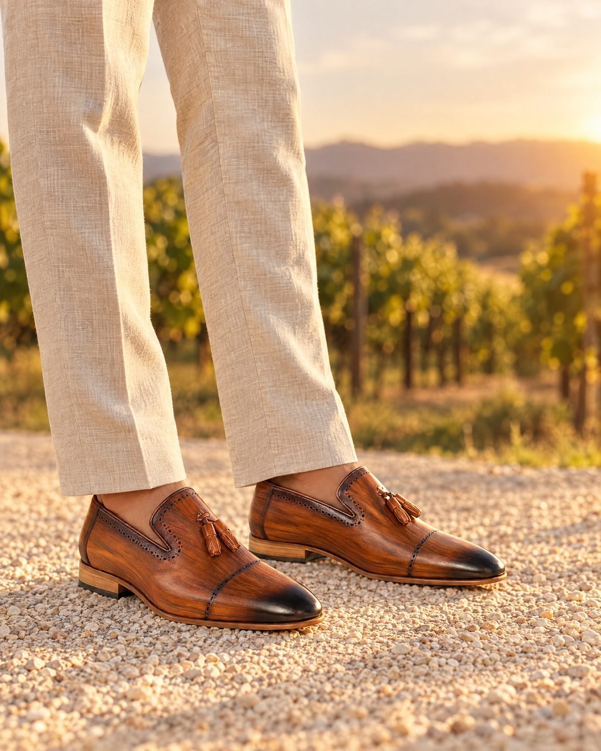 Groom tassel loafers in a vineyard