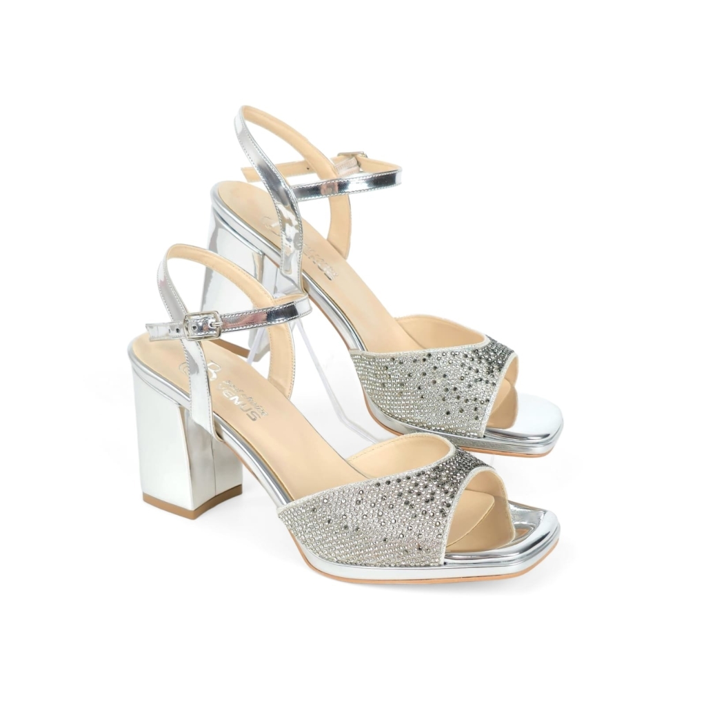 Lucenta Rhinestone Block Heel Sandal — Liquid Silver