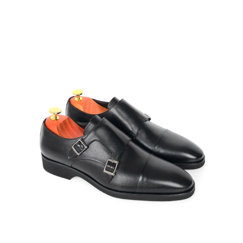 Enzo Cap Toe Double Monk-Strap Shoe — Onyx Black